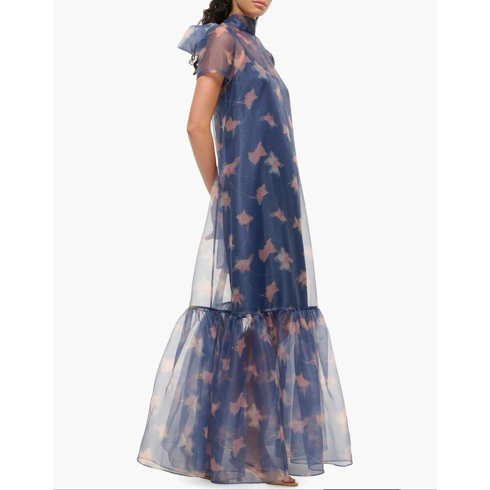 STAUD Calluna Ruffled Sheer Floral Organza Gown IN Lapis Floral Size Large $495 - Picture 2 of 9